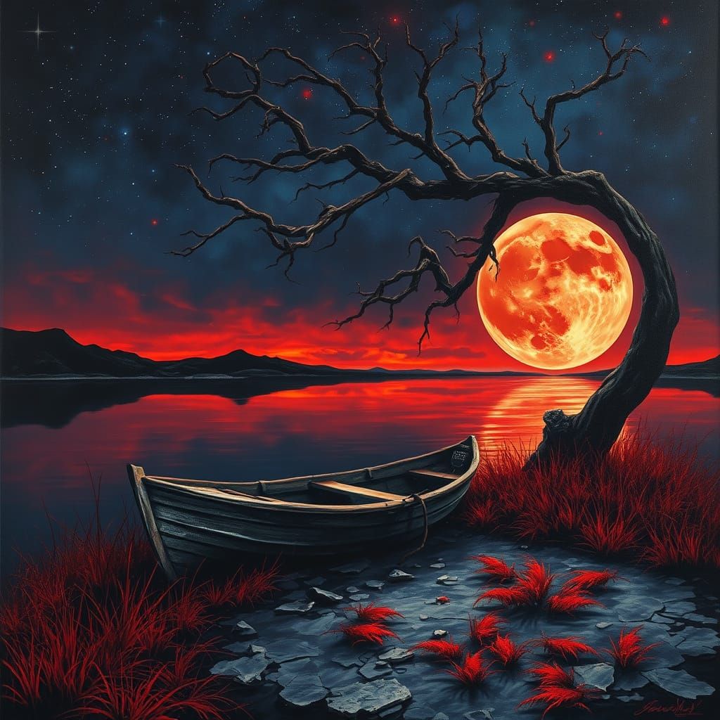Surreal Moonlit Landscape as Oil Painting