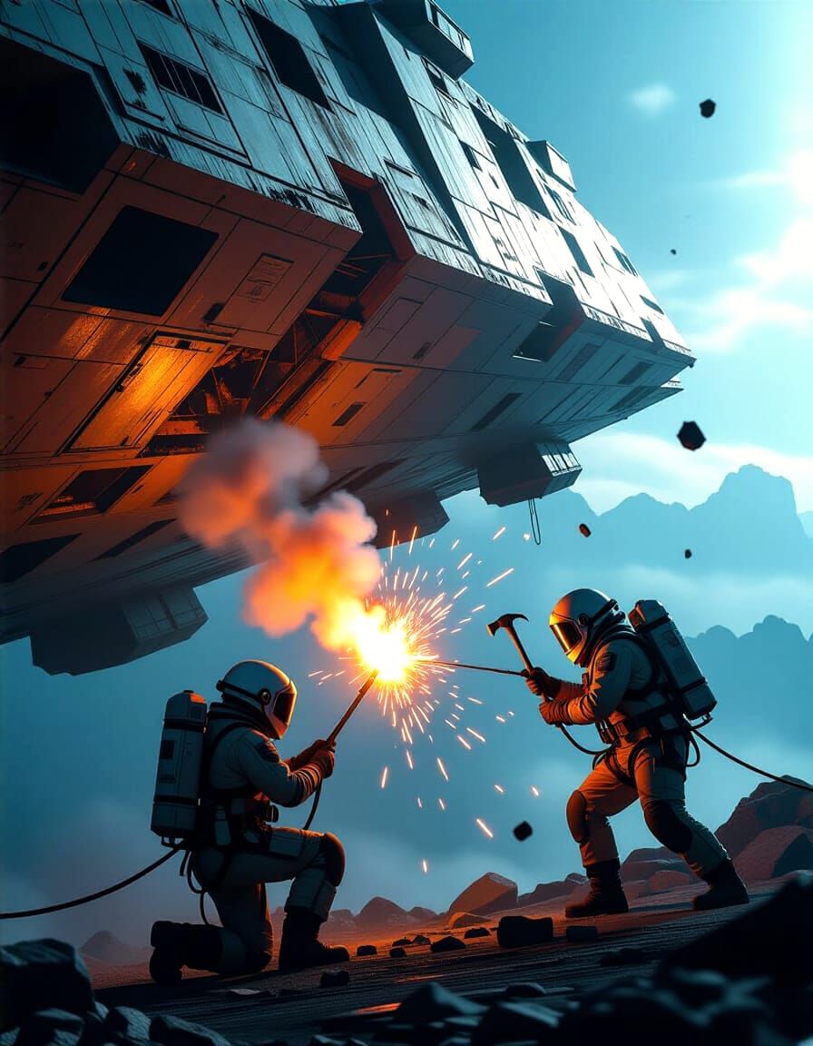 Astronauts Repairing Spaceship Amidst Planetary Apocalypse