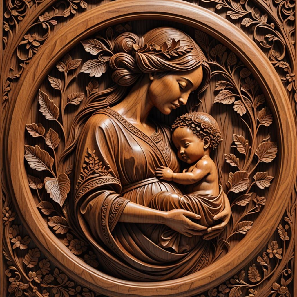 Serene Pregnant Mother in Wood Carving Masterpiece