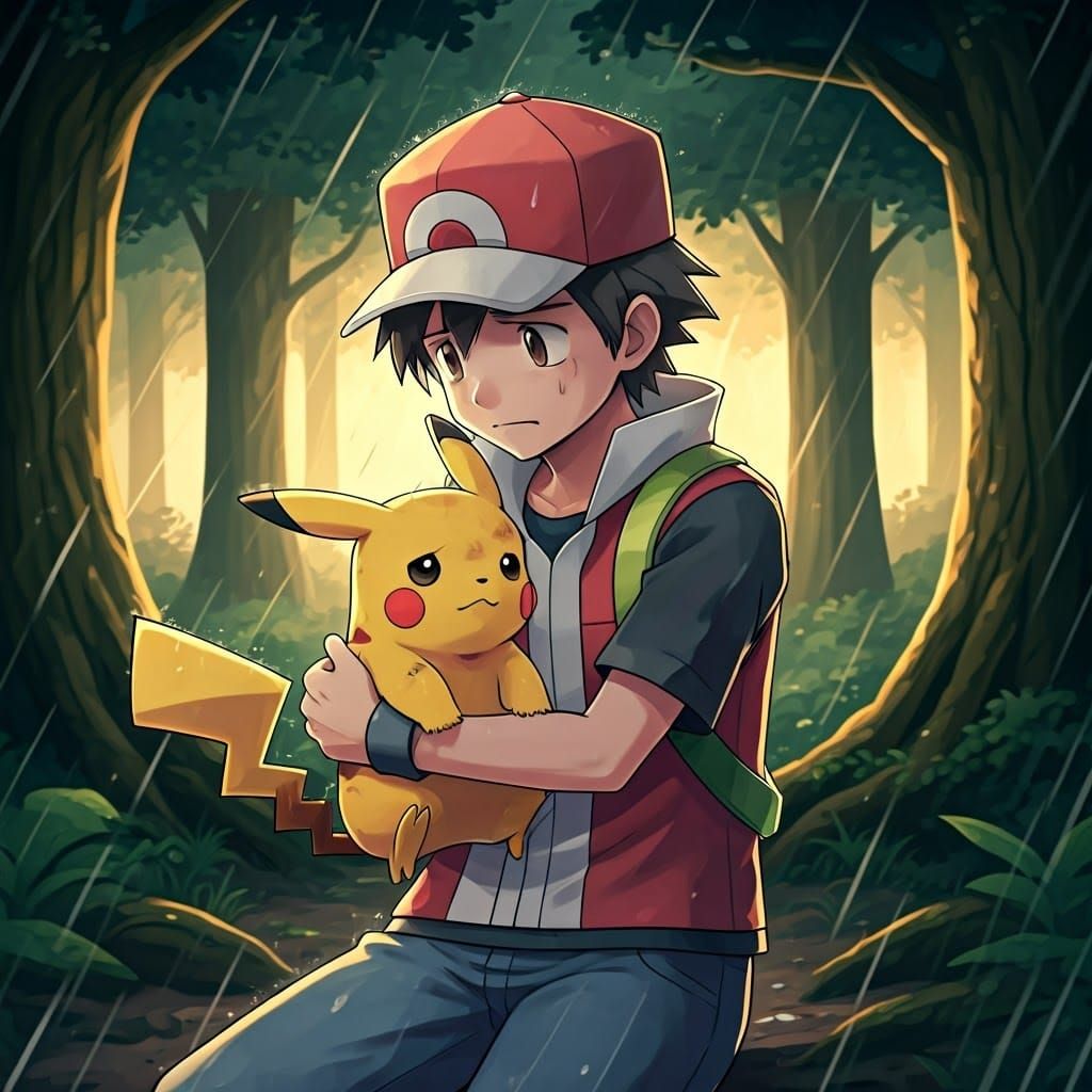 Pokemon Trainer Comforts Injured Pikachu: Watercolor Style