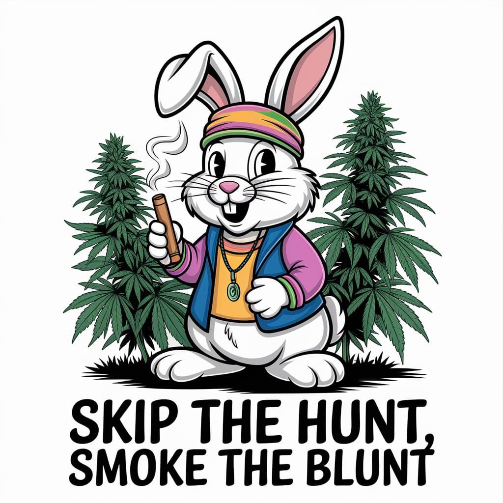 Hippy Bunny smoking a blunt with marijuana growing around hi...
