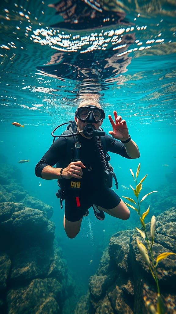 Diver Captures Crystal-Clear River Scene in High-Contrast St...