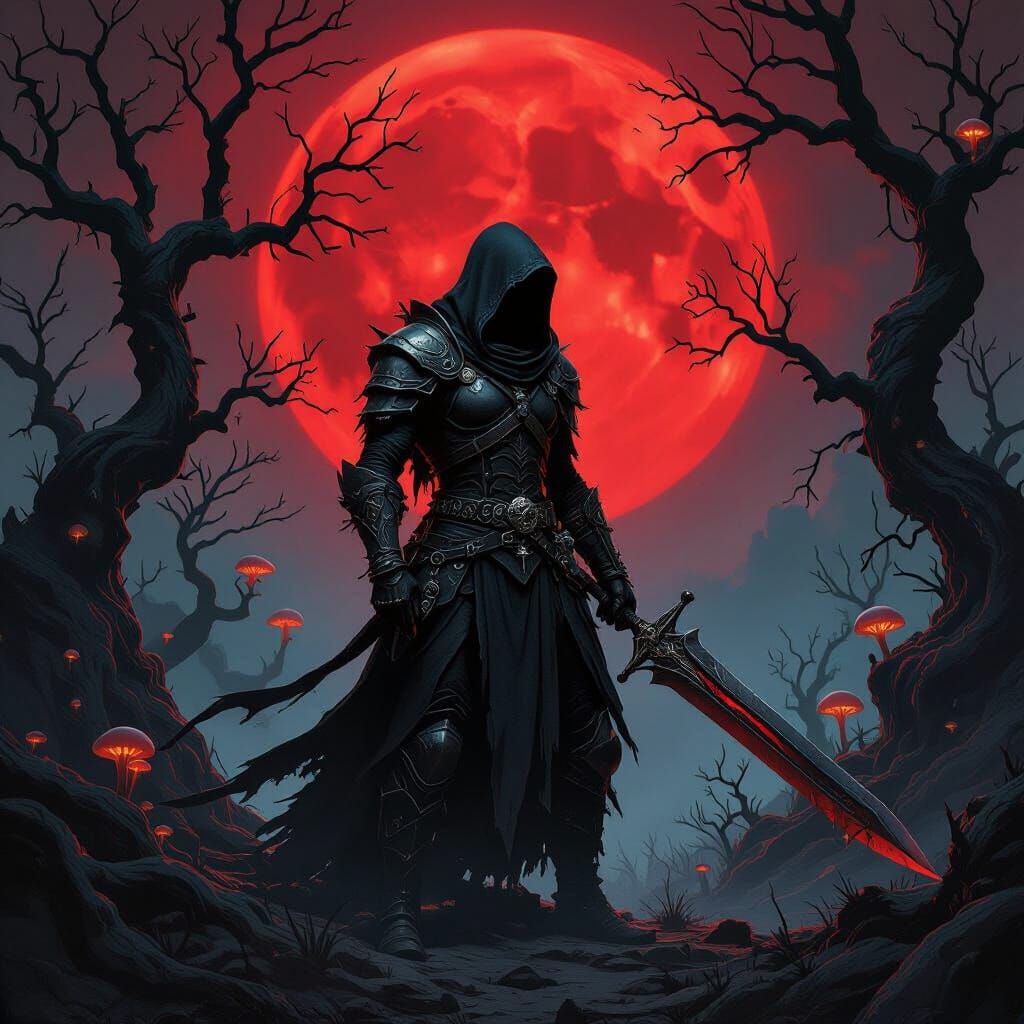 Drow Warrior Silhouette Against Crimson Moon