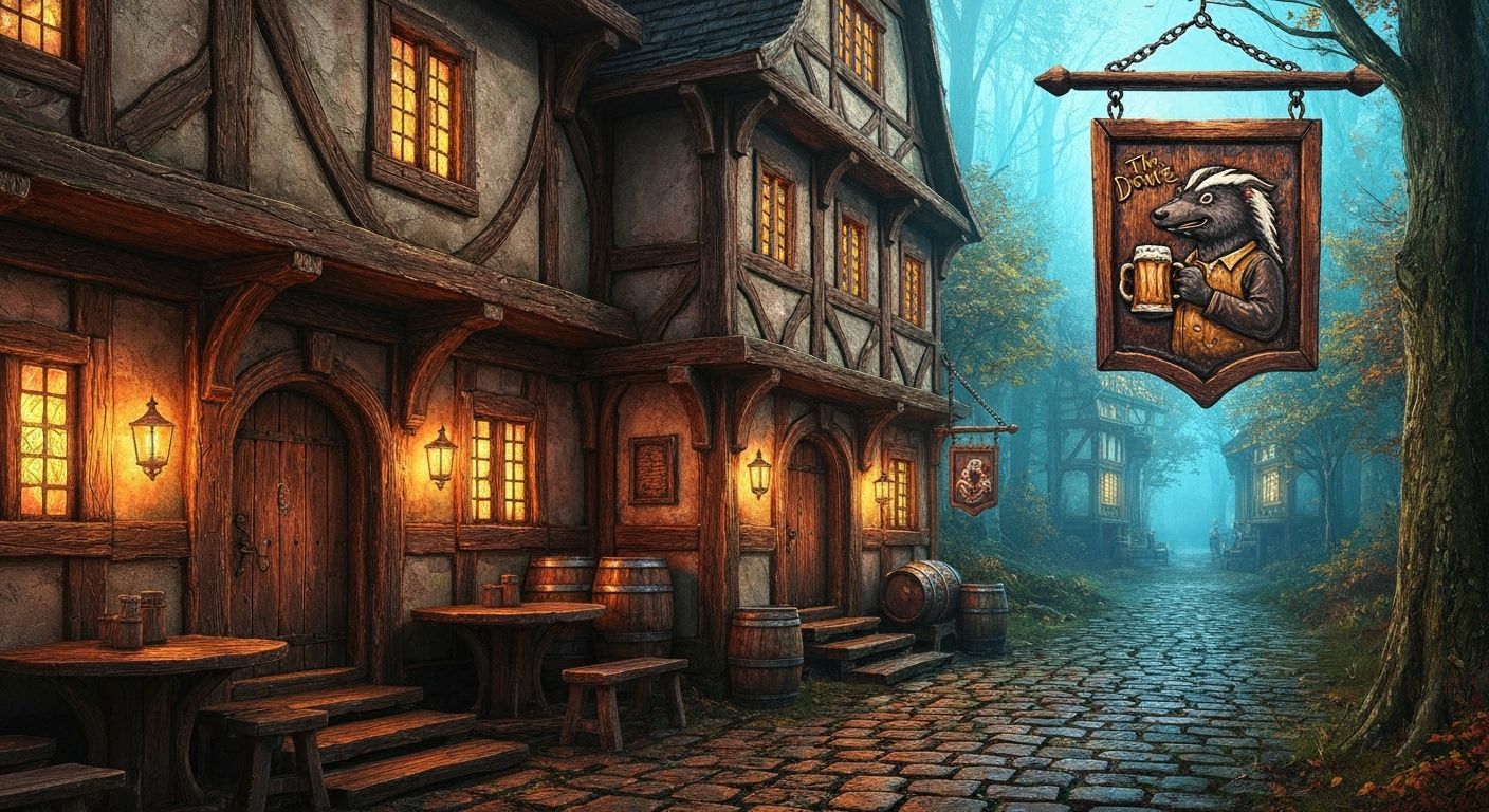 Medieval Tavern in Autumn Forest, The Drunk Skunk Inn