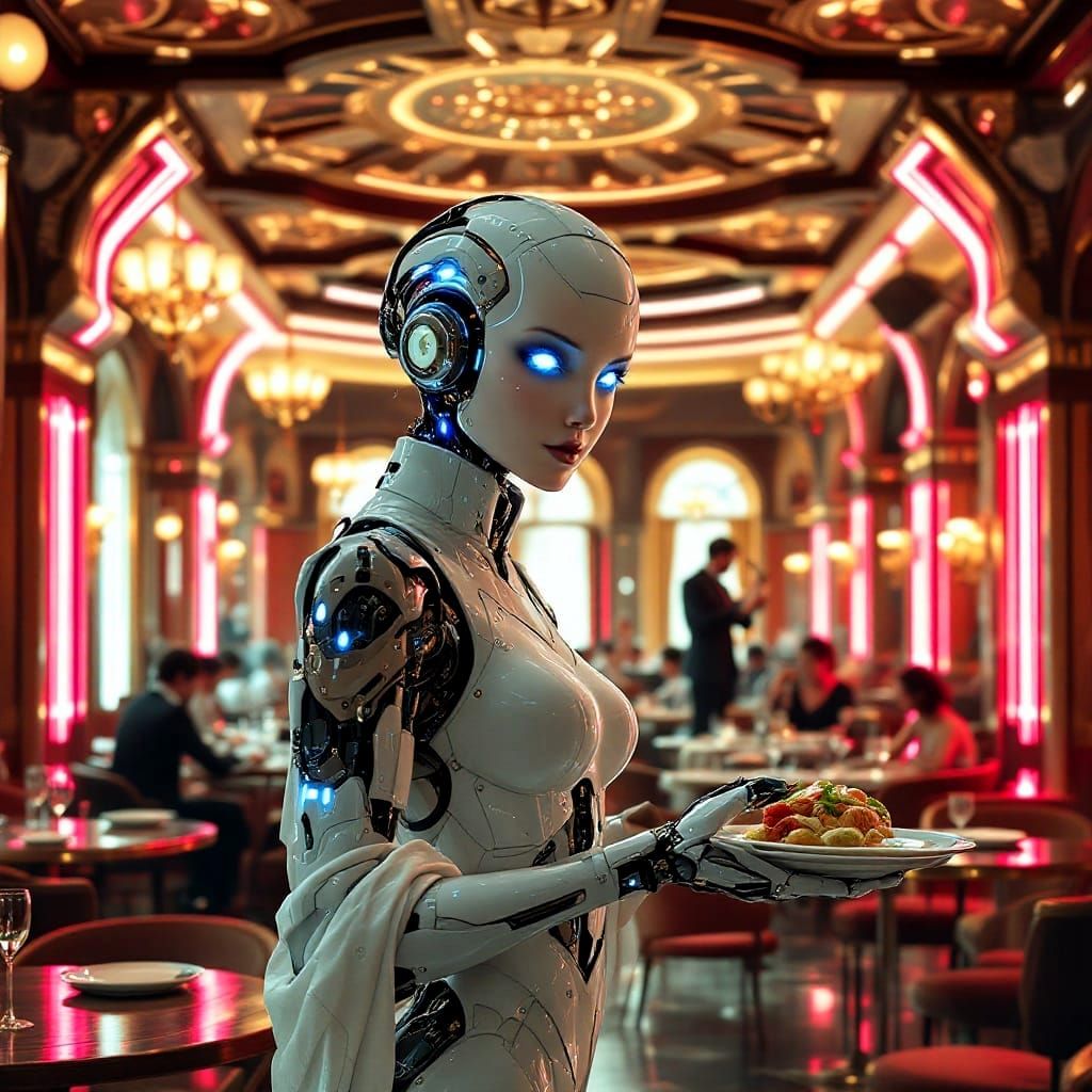 Cyborg Waitress in Elegant 1930s Cafe