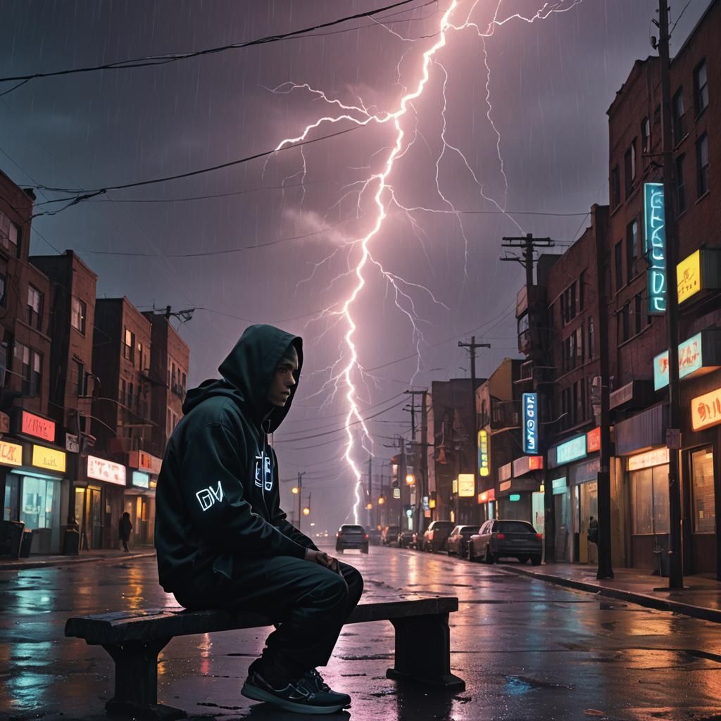 Urban Night: Man in Hoodie Under Lightning, Cyberpunk Style