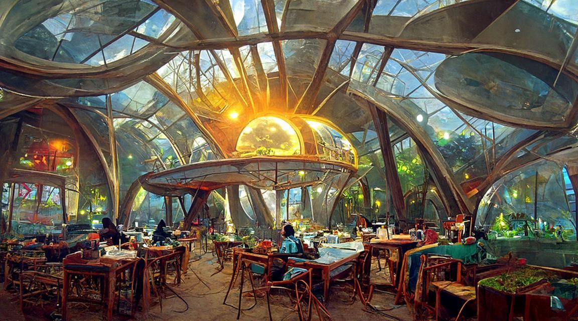 Futuristic Solarpunk Cafe at Night