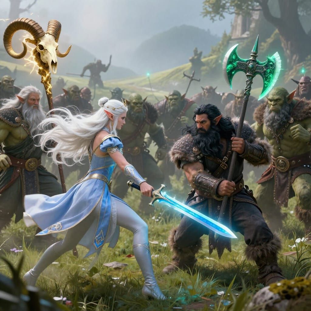 Fantasy Heroes Battle Orc Horde in Ethereal Style