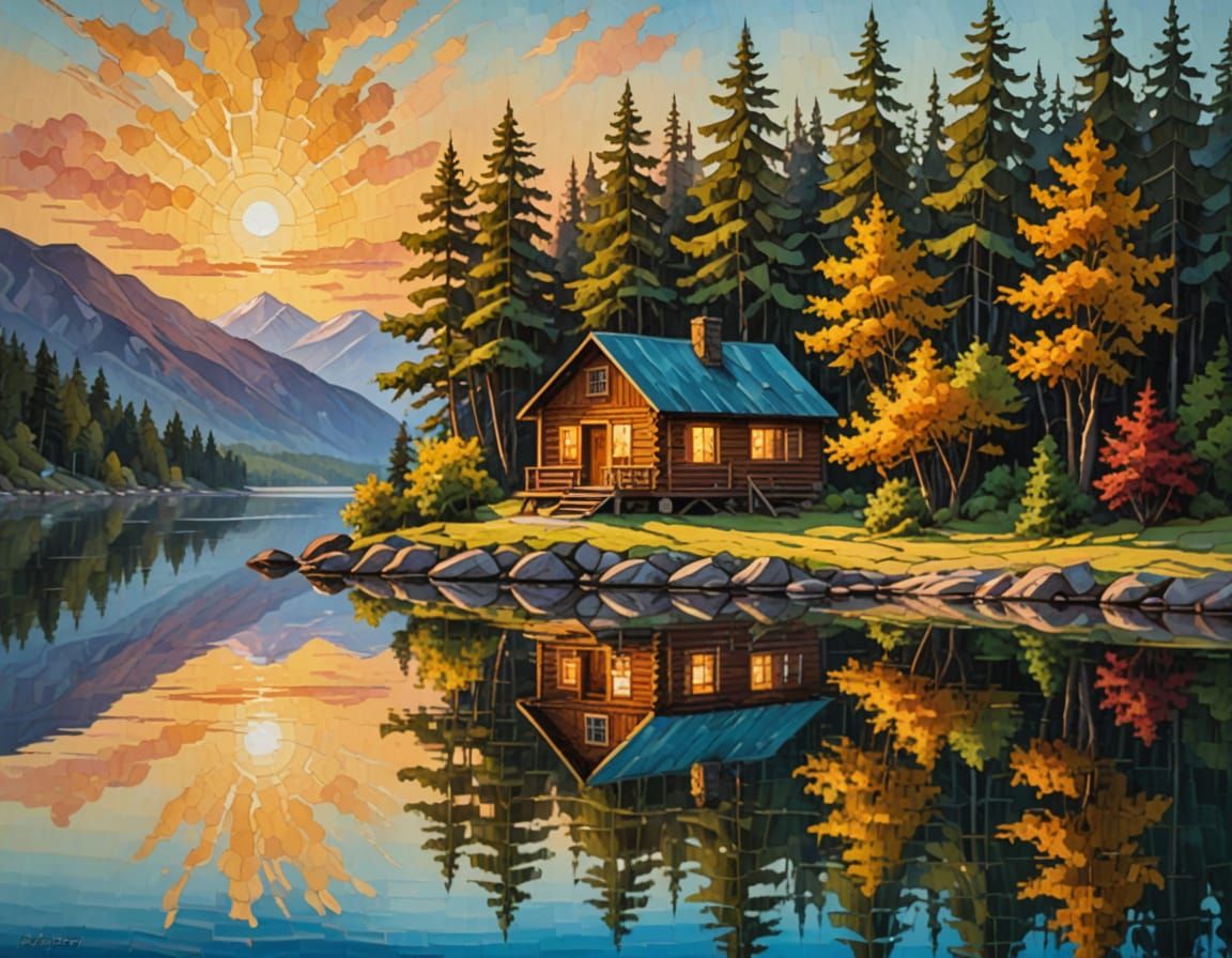 Lakeside Cabin in Golden Light: an Impasto Oil Painting
