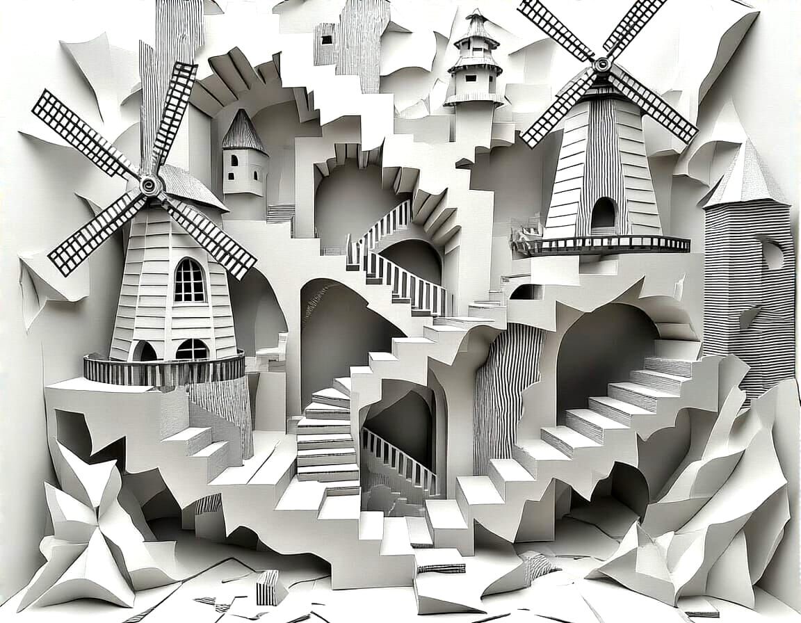 Escher-esque Cardboard Windmills in Geometric Pop Art