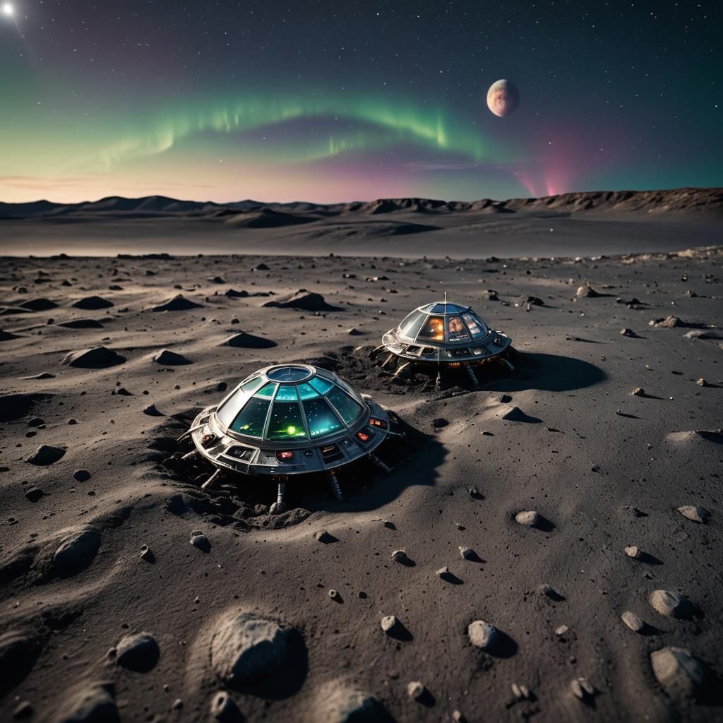Miniature Alien Spaceship on Moon in Northern Lights