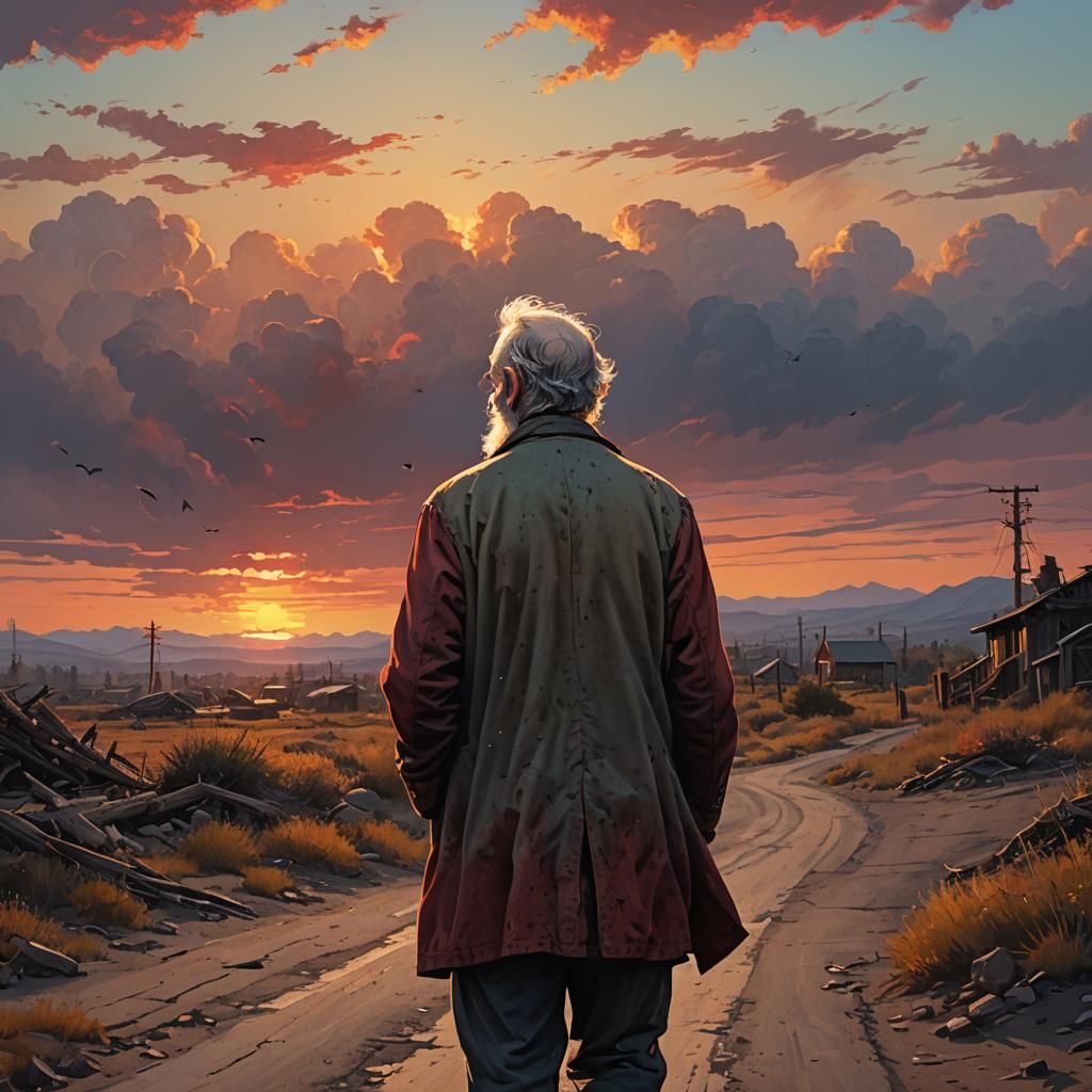 Lonely Old Man Walks into Blazing Sunset
