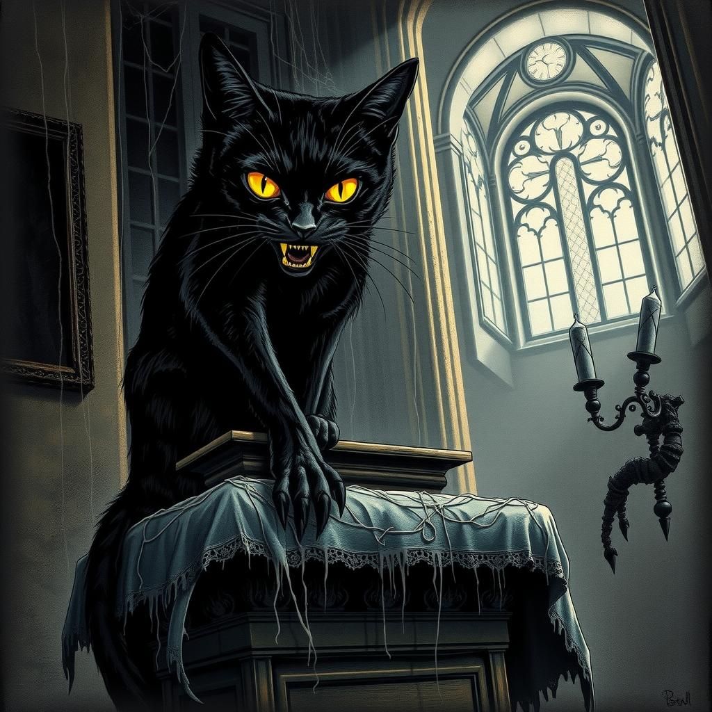 Menacing Black Cat on Altar in Gothic Style