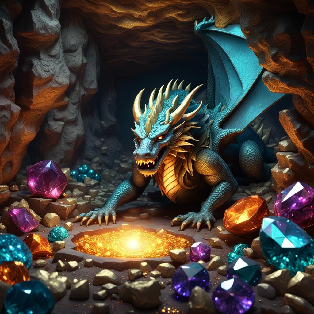 Dragon Guarding Gemstone Treasure Trove in Cave