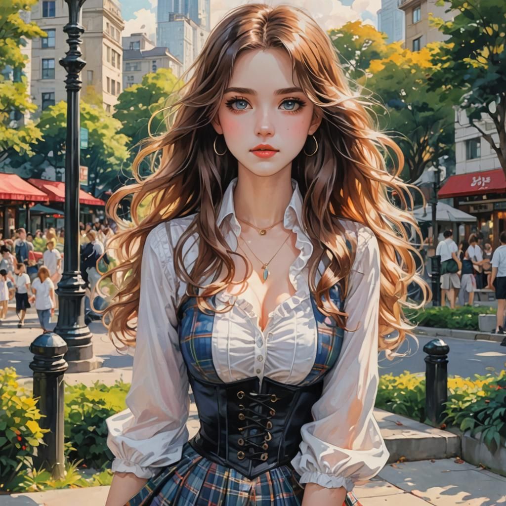 Anime Woman in City Park Color Sketch