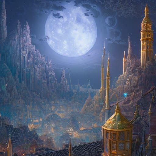 Mystical Moonlight City in Fantasy Art Style