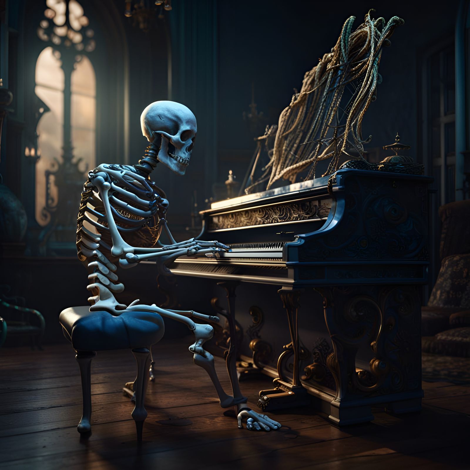 Skeleton Playing Piano in Detailed Matte Painting Style