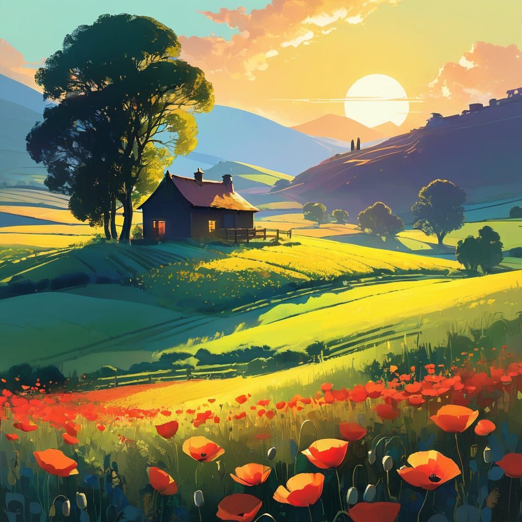 Surreal Poppy Field in Warm, Vibrant Cel-Shaded Comic Book S...