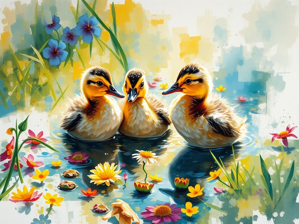 Ducklings in Wildflowers: Neo-Impressionist Oil Painting