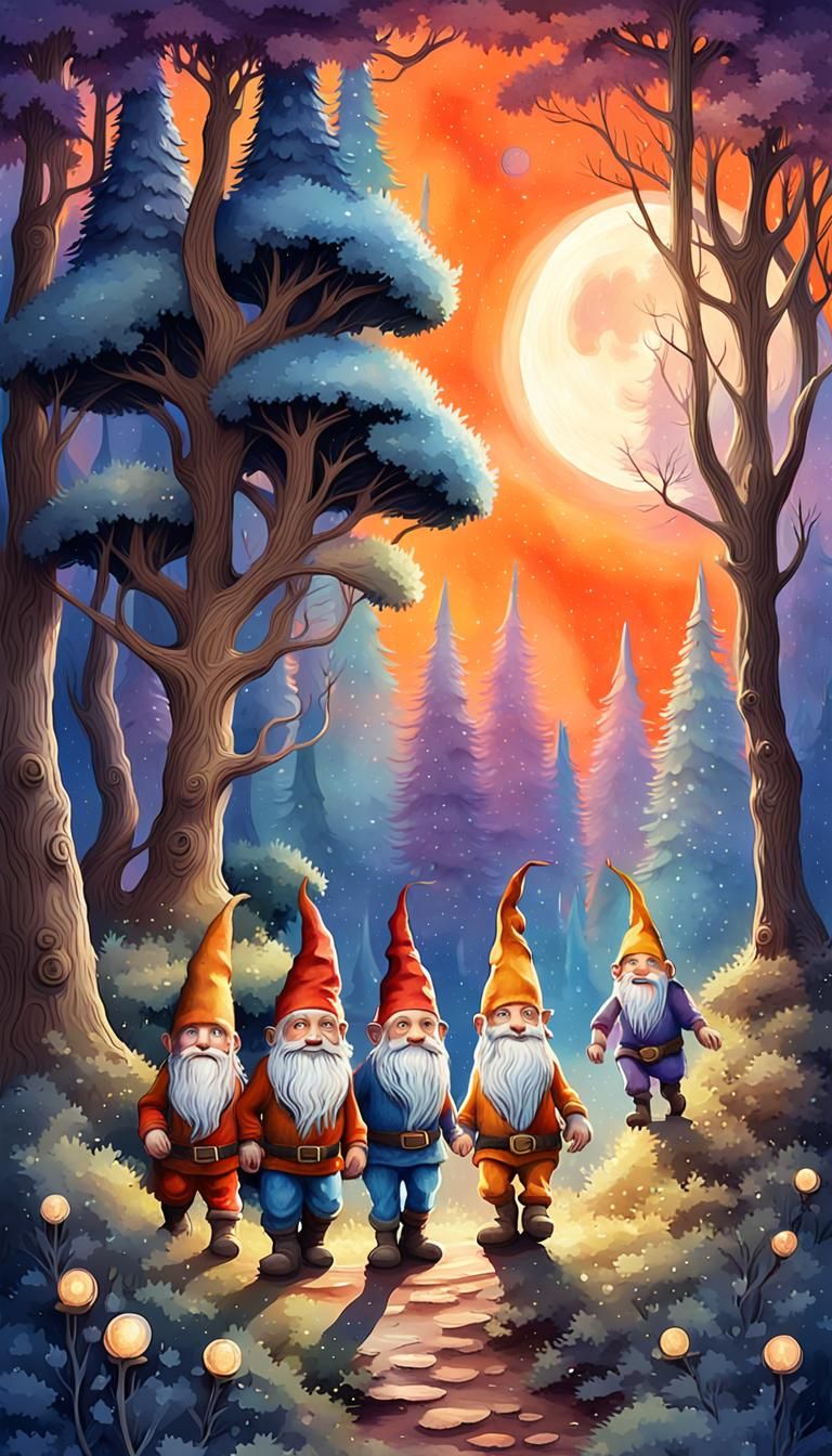 Gnomes' Moonlit Forest Adventure in Watercolor Style