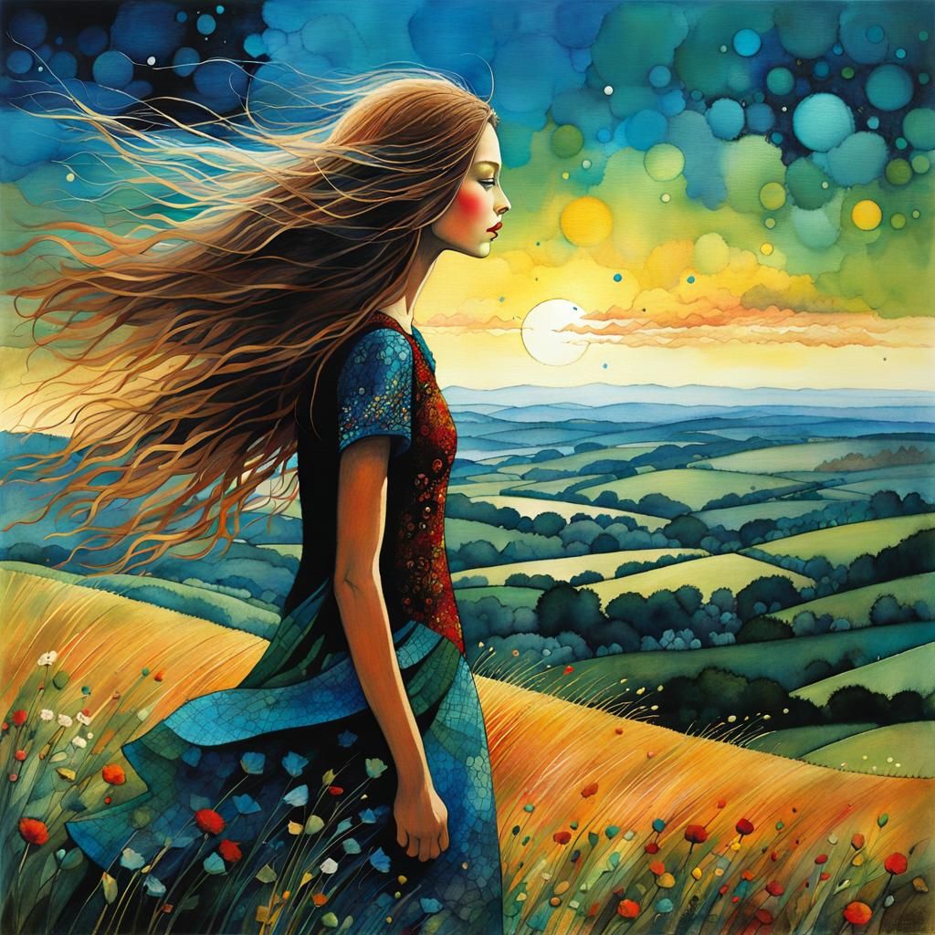 Girl on Windy Hill in Art Brut Style