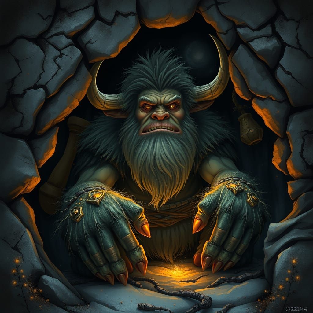 Mountain Troll in Mossy Cave, Fantasy Art