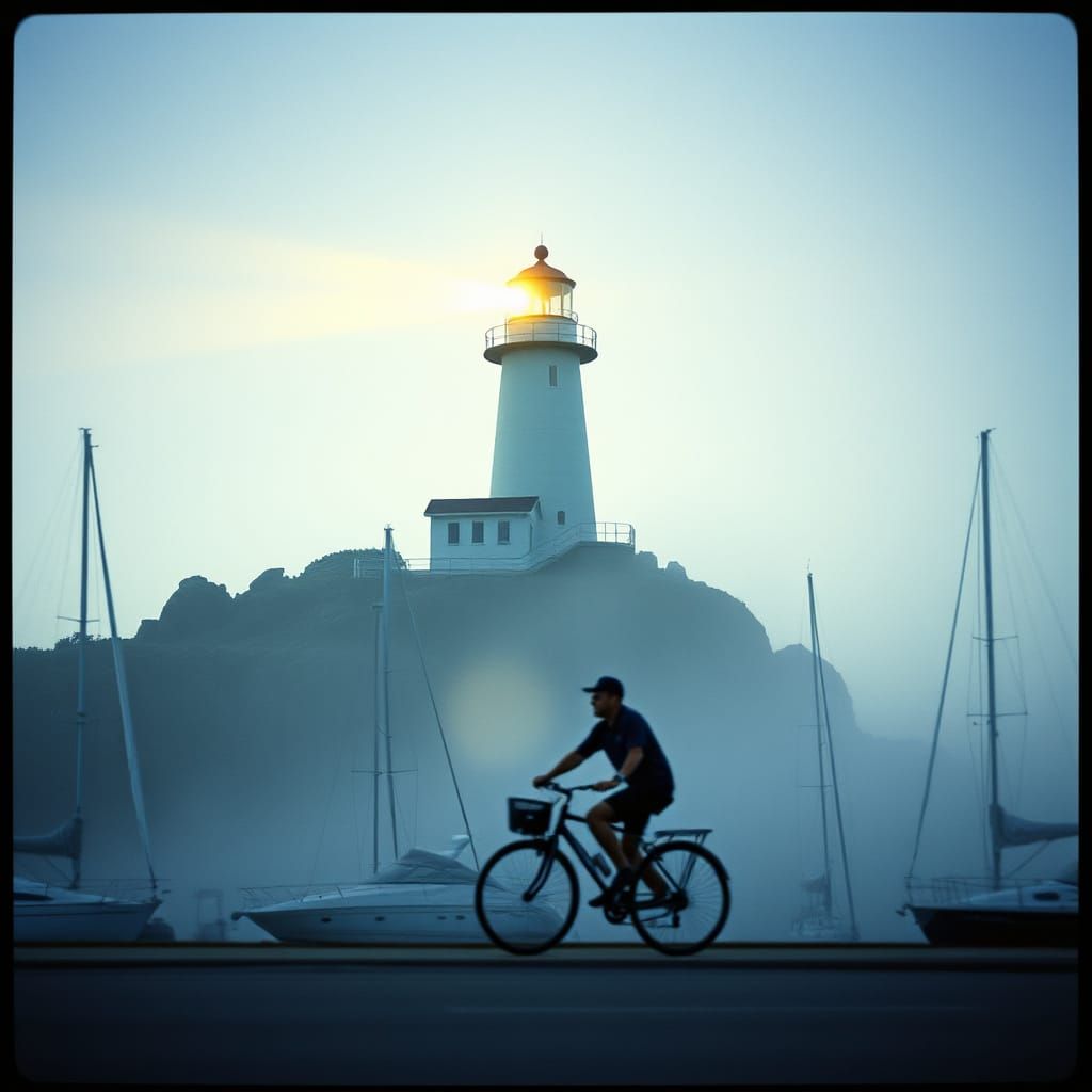 New England Lighthouse Shines in Morning Mist