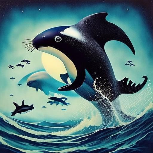 Surreal Killer Whale Leaps from Ocean: Alcohol Ink Style