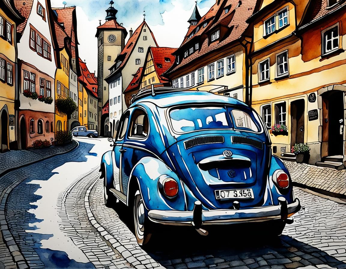 A Volkswagen in Rothenburg ob der Tauber, detailed watercolo...