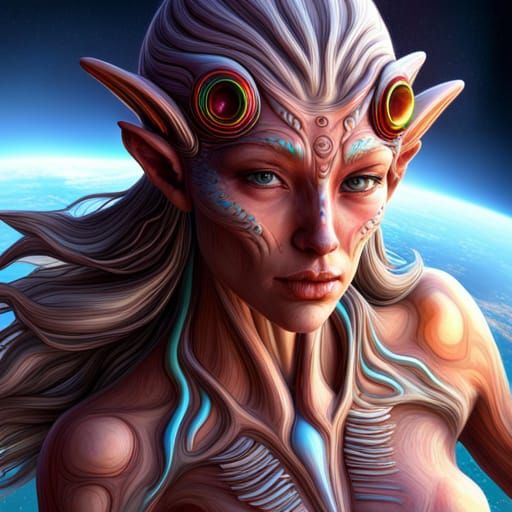 Muscular Alien-Human Hybrid on Celestial Garden Planet