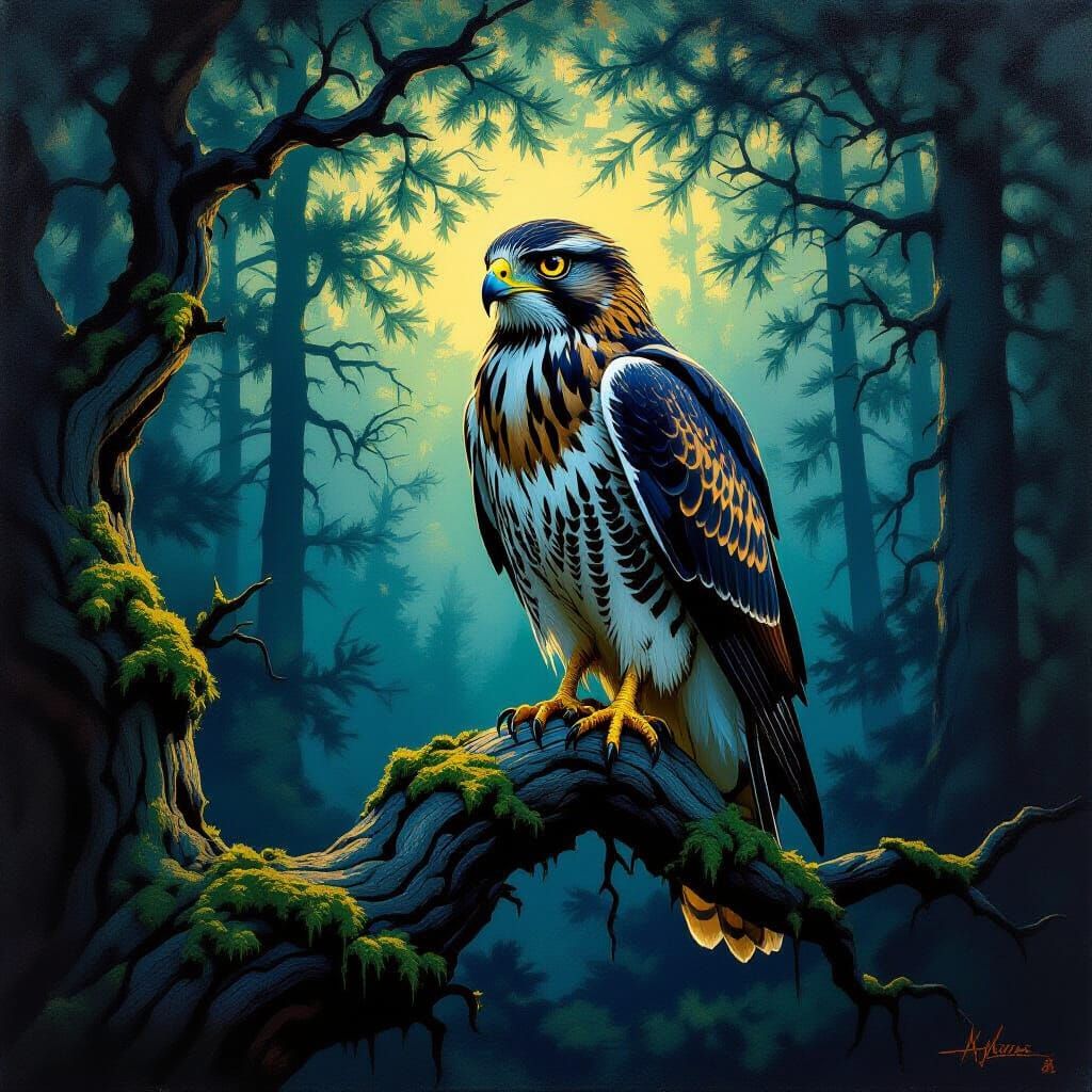 Majestic Hawk in Twilight Forest: German Expressionist Style