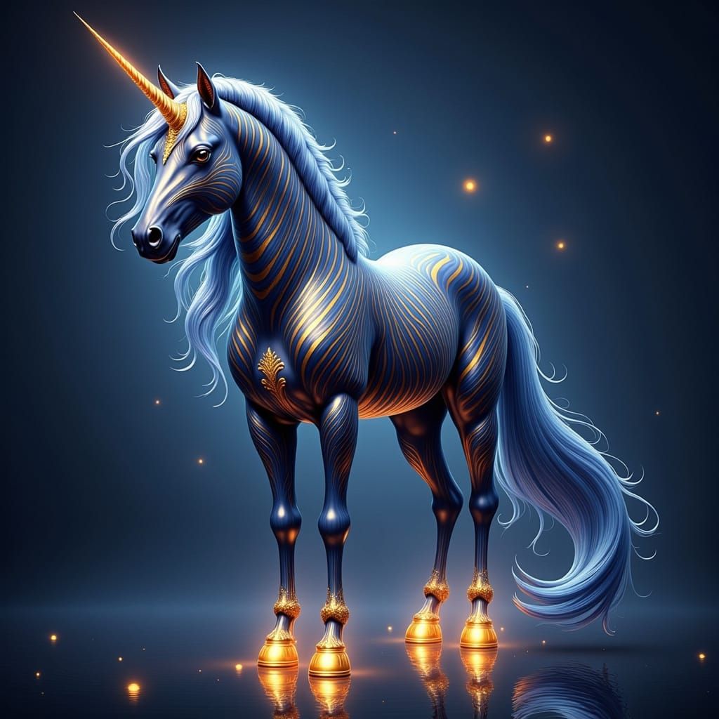 Ethereal Indigo Unicorn with Dynamic Golden Stripes and Radi...
