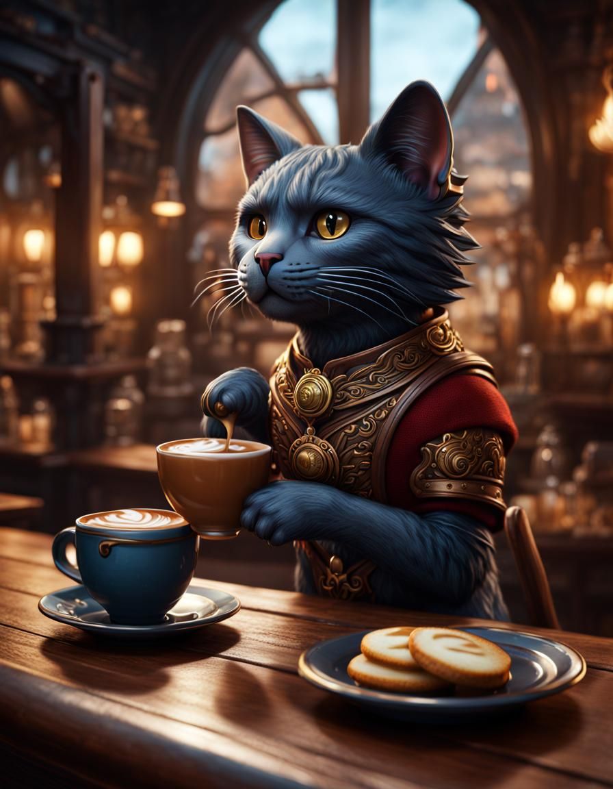 A wooden cat drinking coffee in a pub