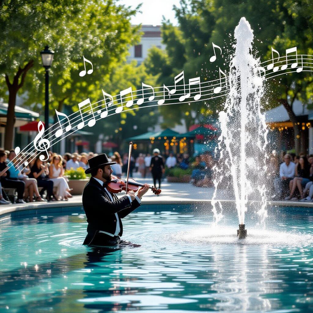 Musician Plays By Fountain With Floating Musical Notes