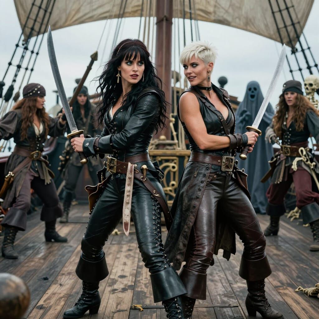 Pirate Women Battle Ghosts on Ship Deck