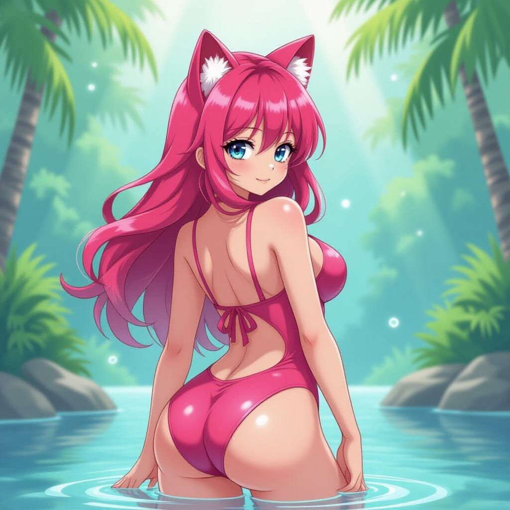 Anime Cat Girl in Swimsuit, Manga-Style Illustration