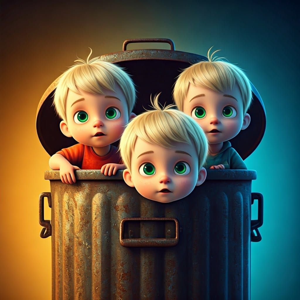 ילדים חמודים בני 3 בלונדינים עם עיניים ירוקות וגוון עמוק של תכלת מציצים מתוך פח זבל ציבורי