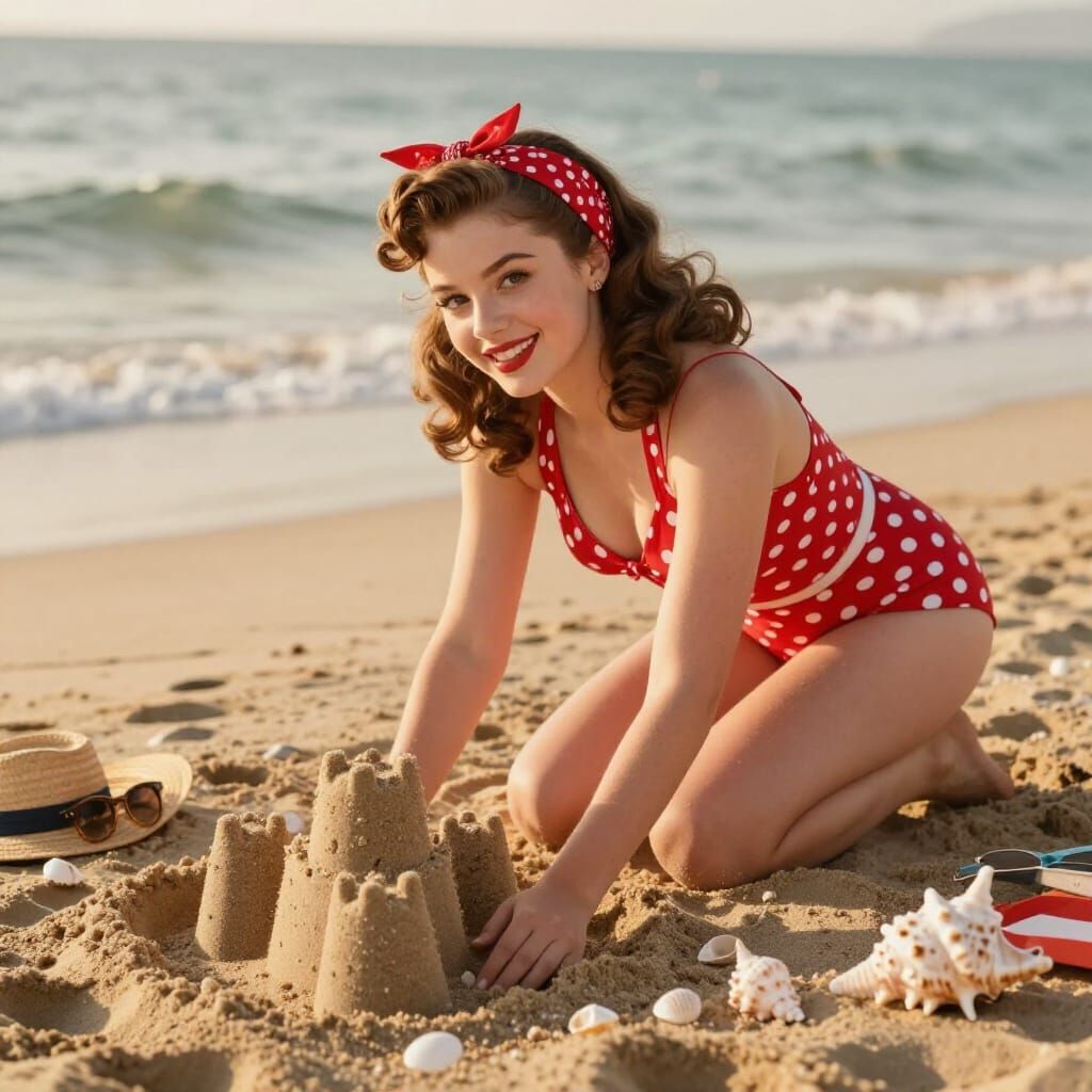 1950s Pin-Up Girl Building Sandcastle on Beach