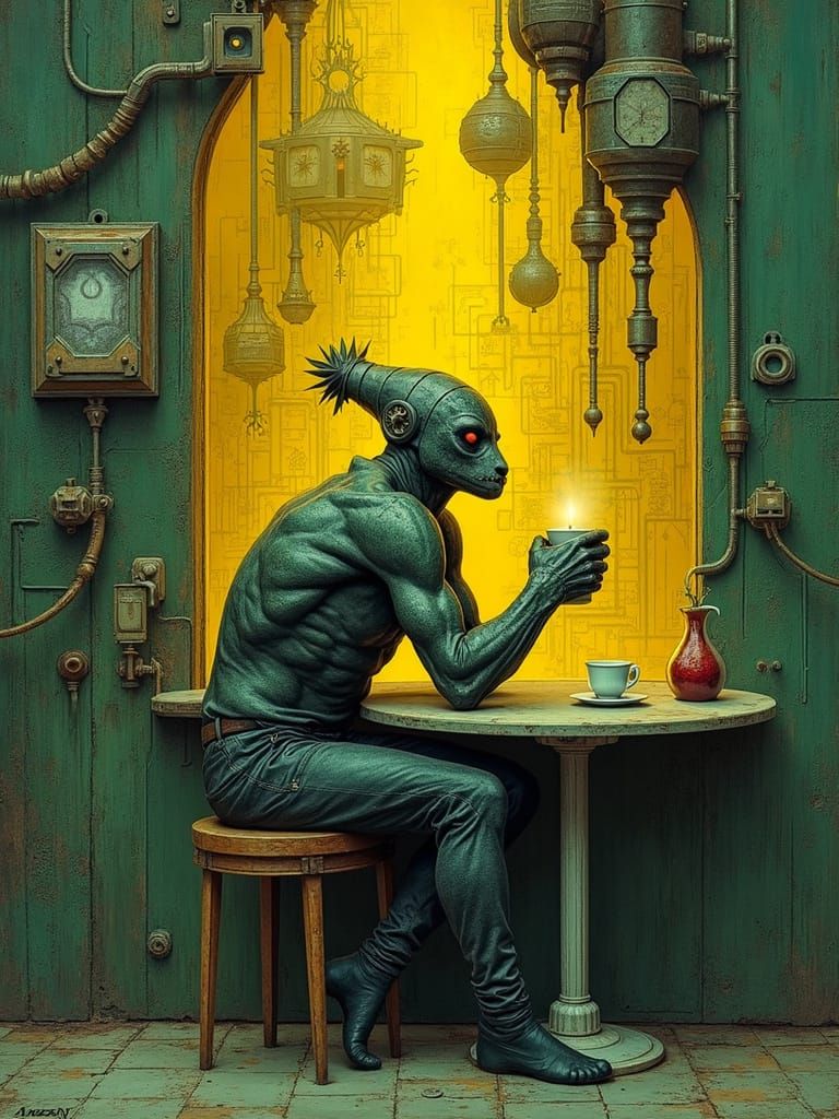 A surreal alien sipping coffee in a bizarre café