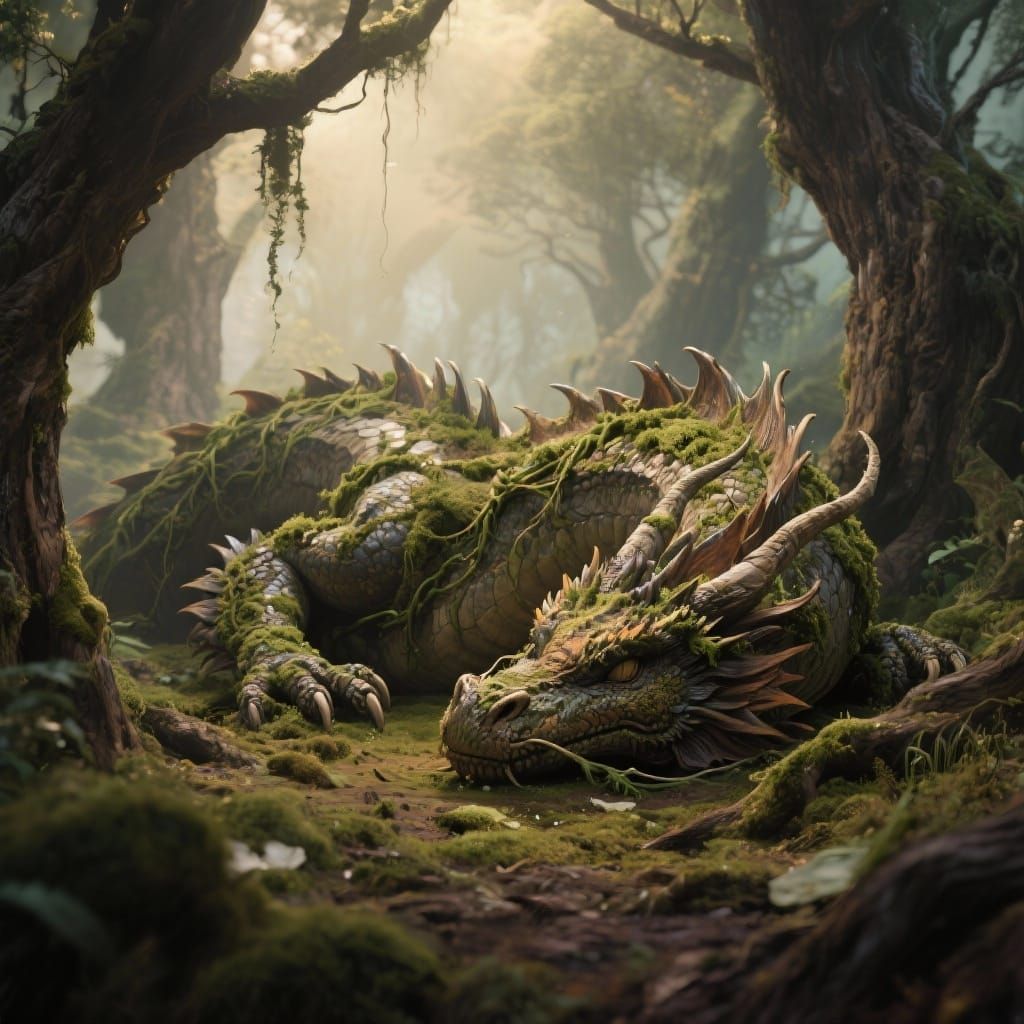Majestic Earth Dragon Sleeps in Ancient Forest