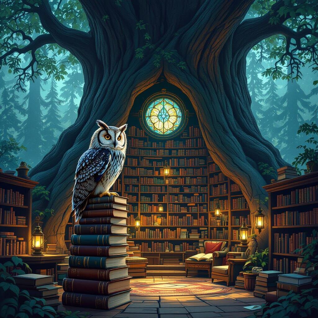 Whimsical Sequoia Library in Matte Painting Style