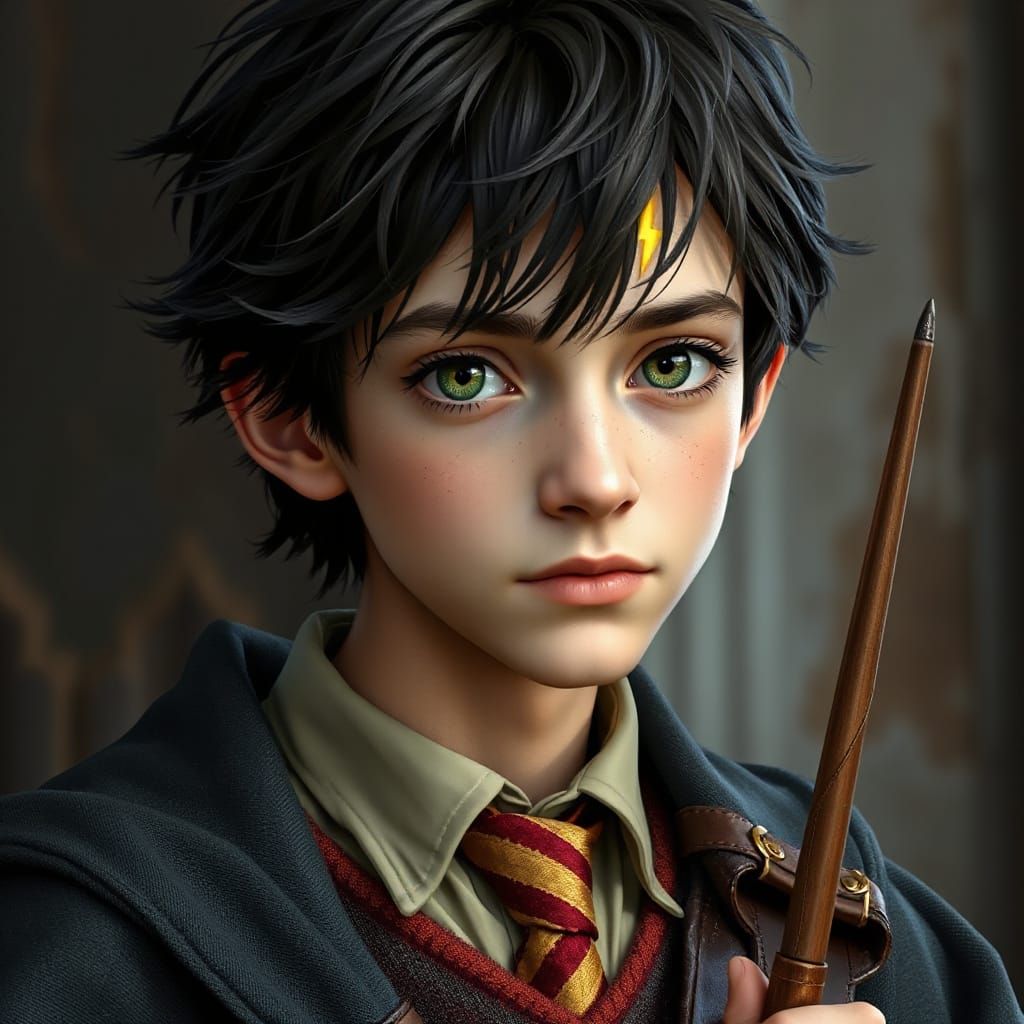 Young Wizard with Scar and Gryffindor Uniform