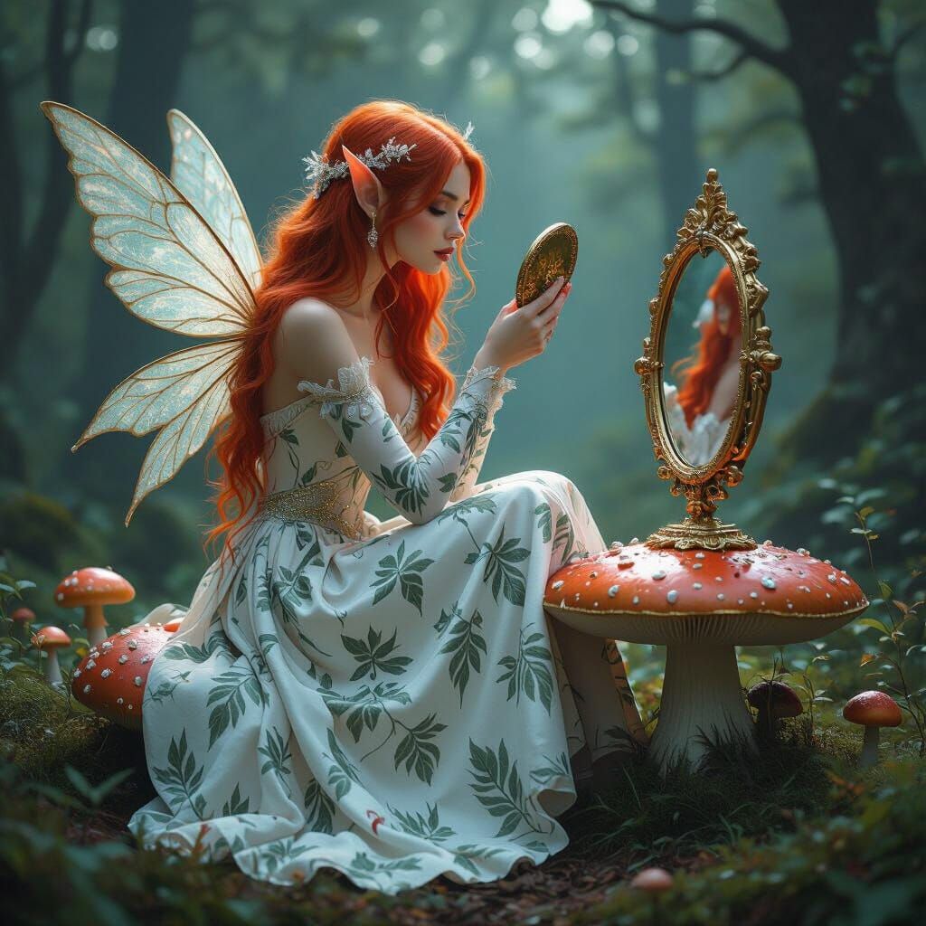 Elf with Mirror in Mystical Forest, Hyperrealistic Style