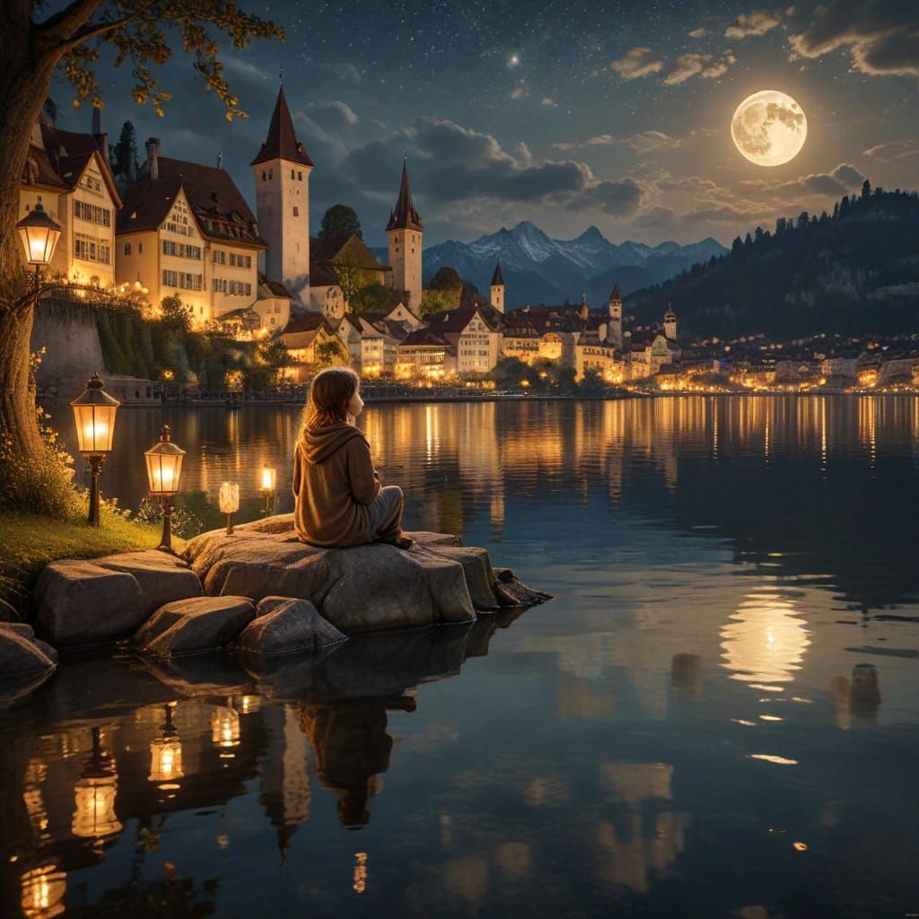Dreamlike Medieval City Under Golden Night Sky