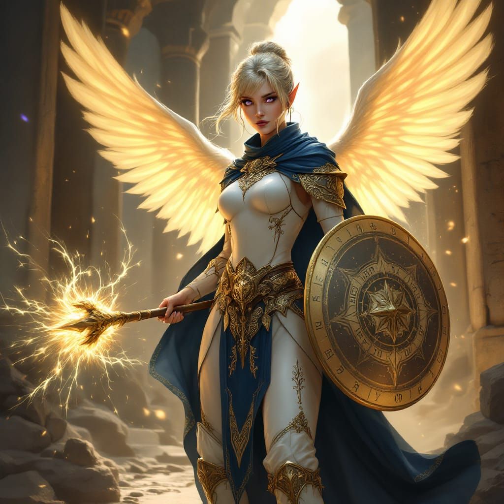 Elf Priestess with Angel Wings in Fantasy Style