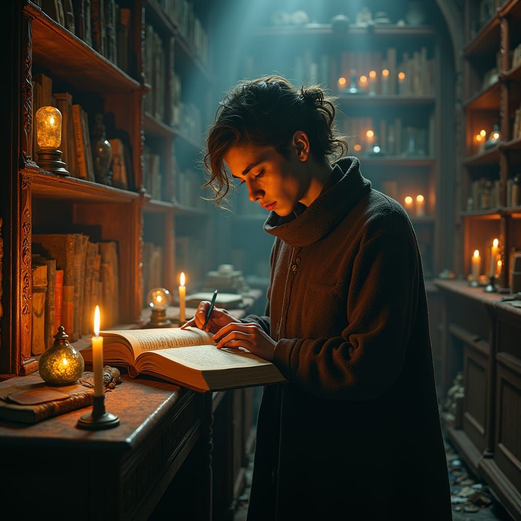 Mystical Arcanist in Dimly Lit Library, Dark Fantasy Style