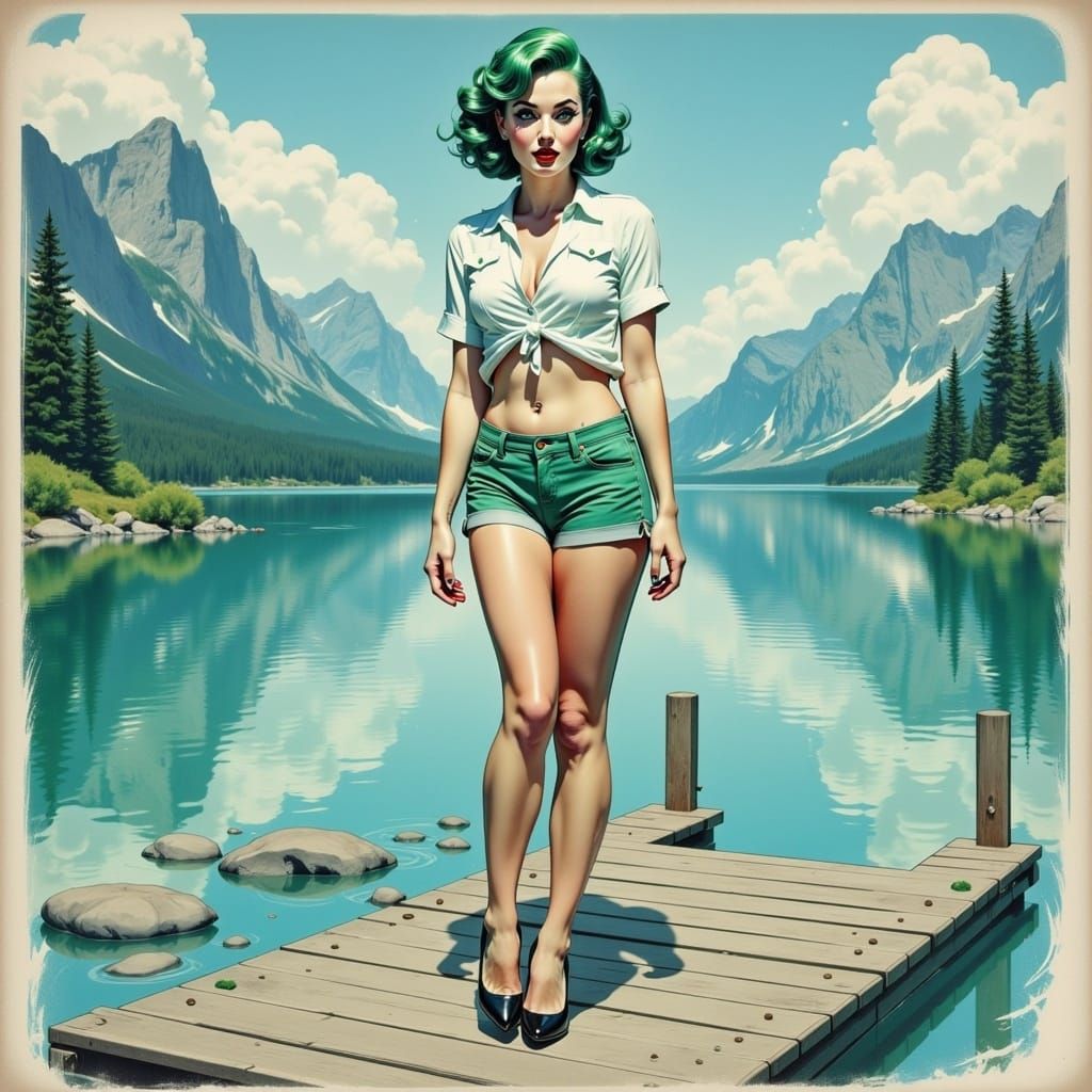 Pin-Up Beauty on Mountain Lake in Gil Elvgren Style