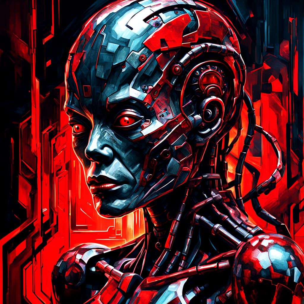 Biomechanical Cyborg Woman in Surreal Cubist Portrait