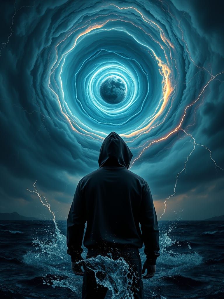 Hooded Man Faces Impending Doom in Stormy Apocalypse