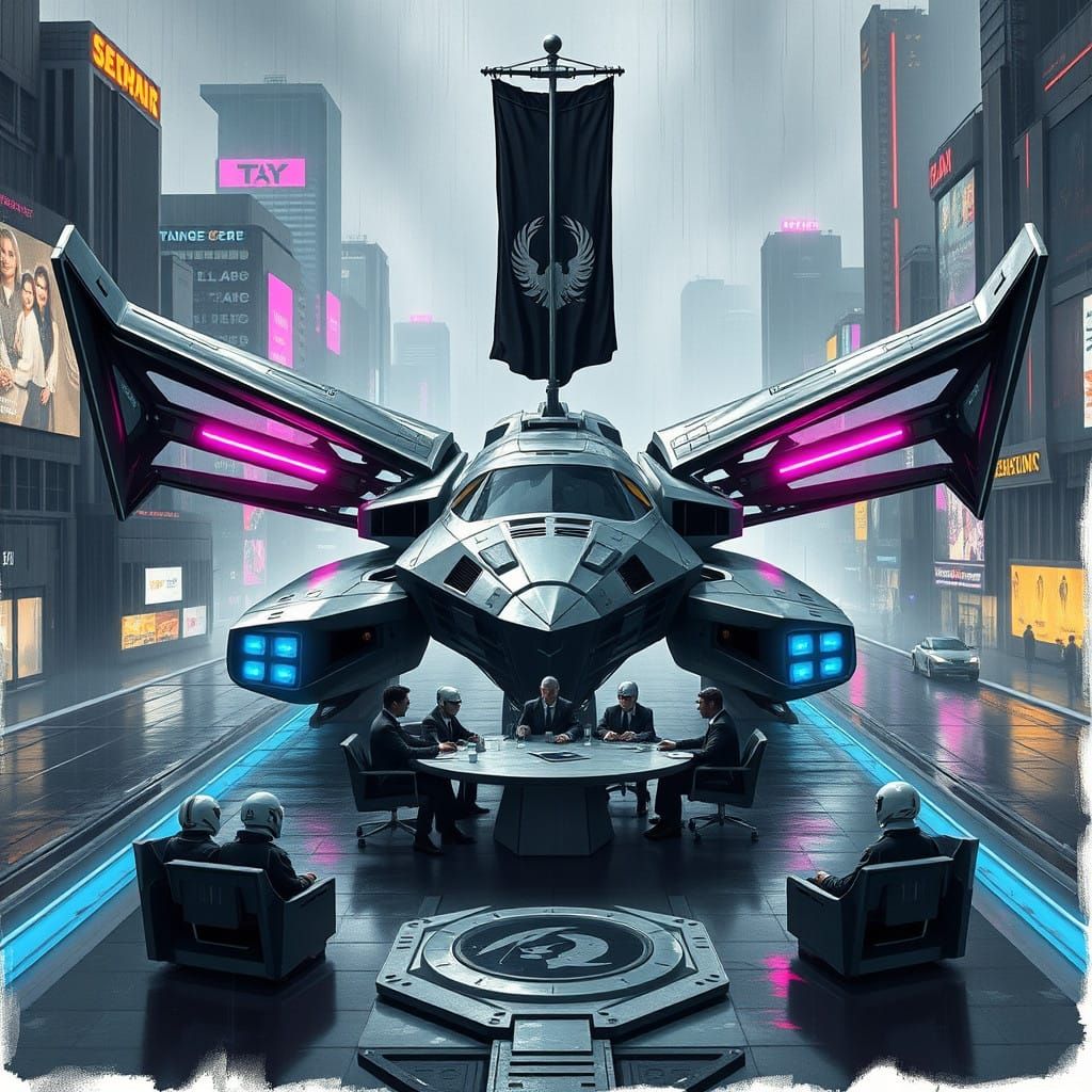 Cyberpunk Spaceship Vehicle in Rain-Soaked Cityscape